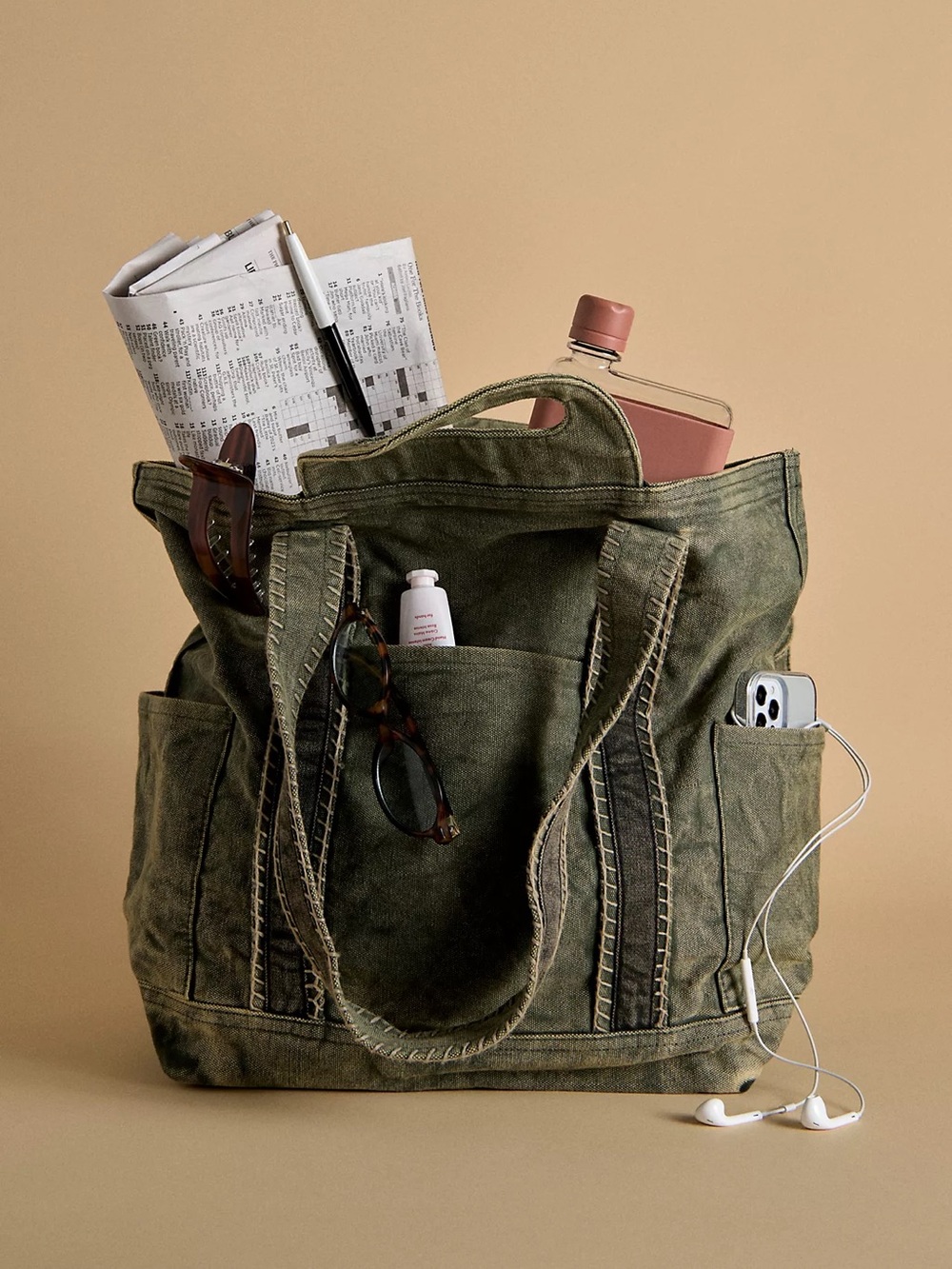Free People Cordes Canvas Tote in Olive Green NWT - Picture 3 of 7
